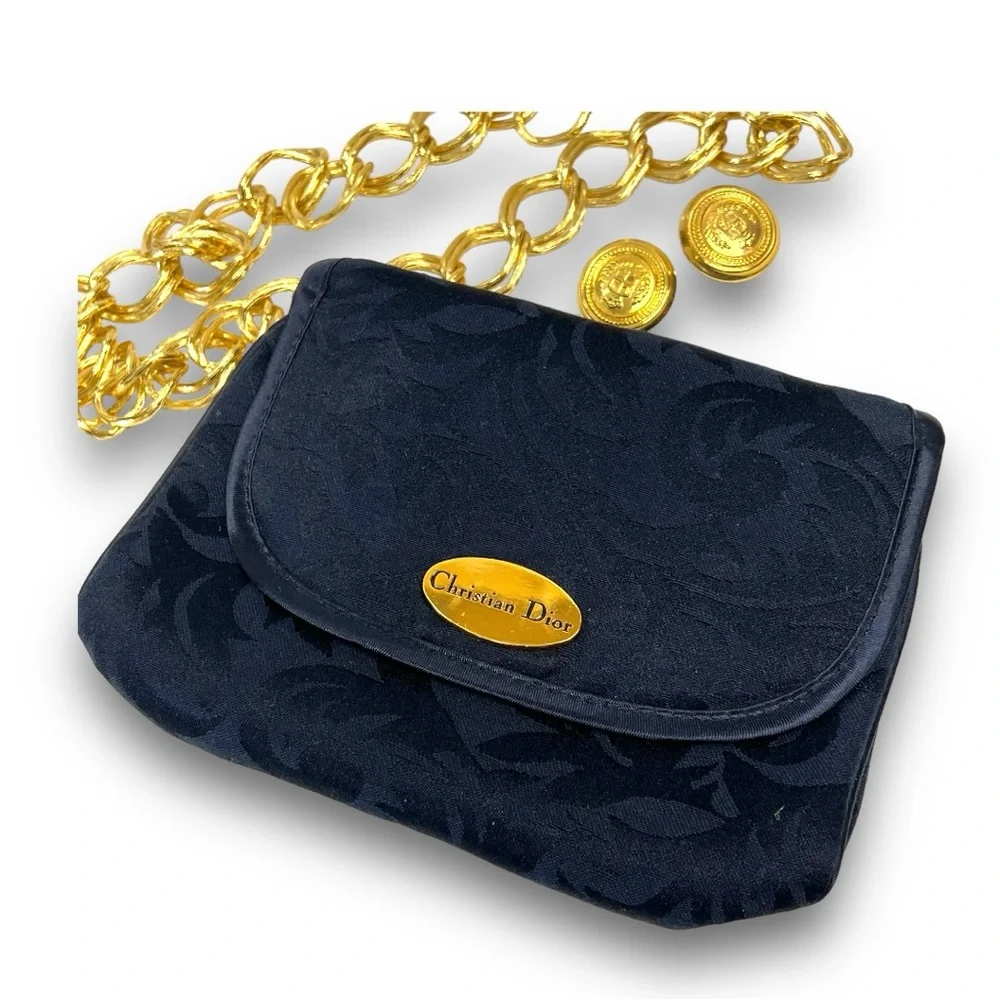 DIOR Midnight Blue Damask Cosmetic/Jewelry Bag Gold Tone Logo